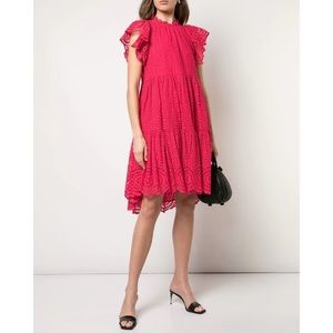 Ulla Johnson Norah Eyelet Fuchsia Ruffle Sleeve Midi Dress sz 2